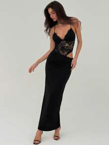 Aloruh Women's Sexy Spaghetti Strap Deep V Lace Patchwork Dress, Spring/Summer,Summer Dresses For Women - Black - View 4