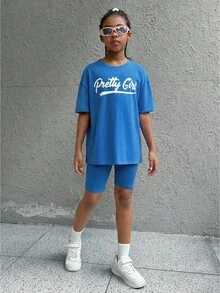 SHEIN Leap Crew Conjunto de Jersey con cuello redondo de manga corta y pantalones cortos de punto de moda callejera de primavera / verano para niña preadolescente - azul real - Ver 4