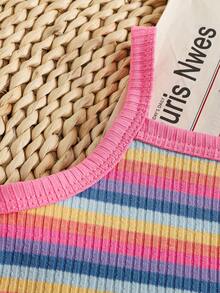 SHEIN Baby Girls Rainbow Striped Elastic Cute Sleeveless Dress, Spring/Summer - Pink - View 12