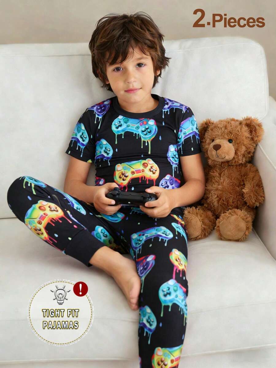 Conjunto de pijama ajustado para niño preadolescente, pantalón largo y manga larga - Verde - Ver 1