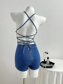 Elamini High Waist Fashionable Tie-Up Elastic Skinny Denim Romper - Medium Wash - View 1