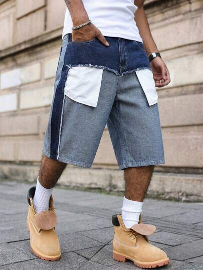 Manfinity EMRG 男士新款撞色口袋盖拼接阔腿七分牛仔裤