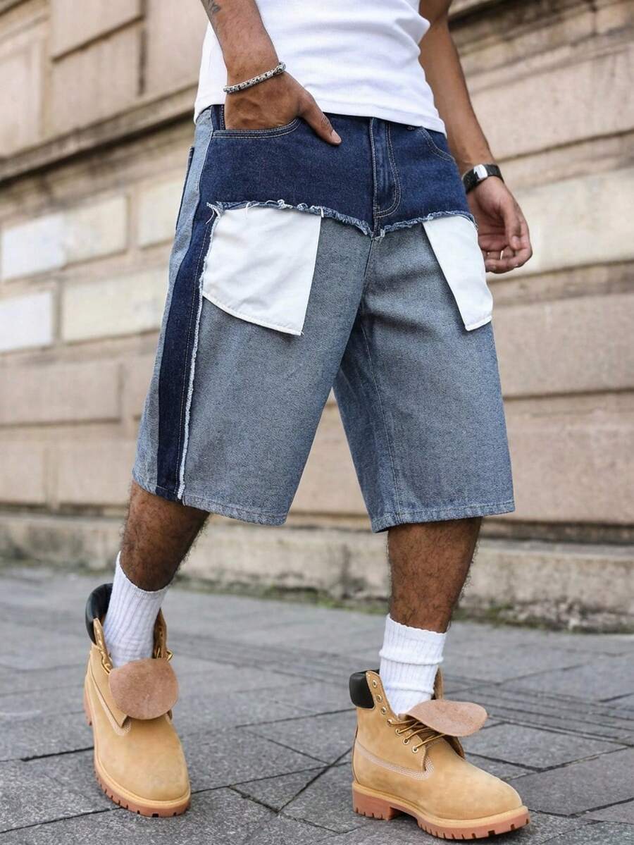 Manfinity EMRG Quần jeans nam ống rộng lửng, phối màu tương phản mới, có túi nắp và các mảng vải ghép nối; Quần short denim nam kiểu dáng thường ngày, màu tương phản đã qua xử lý. - Màu xanh lam - Xem 1