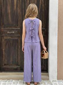 SHEIN Tween Girls 2pcs/Set Casual Solid Purple Textured Fabric Bow Back Camisole Top And Wide Leg Pants Set Girls Lavender Lilac Pants Sets Girl Girls Purple Set, Suitable For Vacation And Casual Daily Wear, Holiday Outfits - Purple - View 1