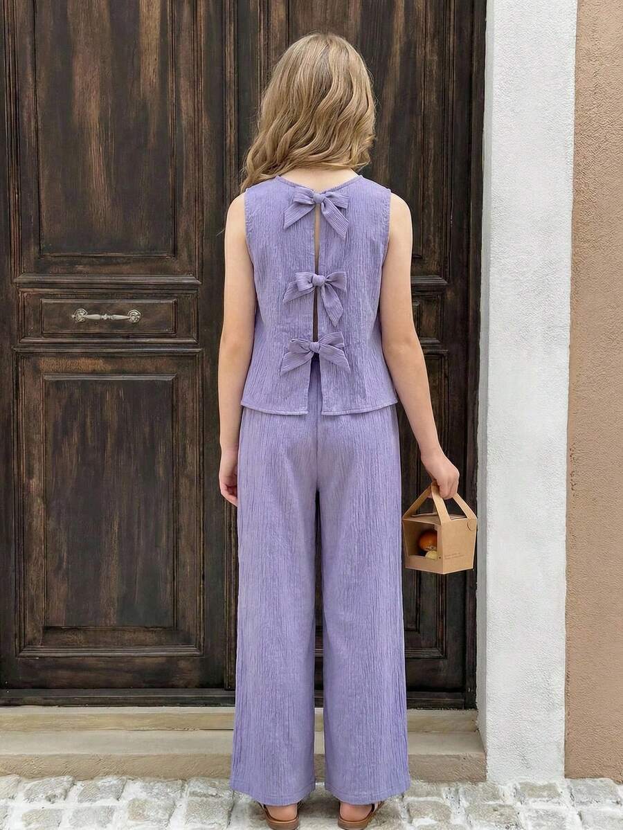 SHEIN Tween Girls 2pcs/Set Casual Solid Purple Textured Fabric Bow Back Camisole Top And Wide Leg Pants Set Girls Lavender Lilac Pants Sets Girl Girls Purple Set, Suitable For Vacation And Casual Daily Wear, Holiday Outfits - Purple - View 1