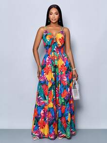 SOLERSUN 女士无袖热带印花褶皱系带前腰收紧阔腿连体裤，竹节拼接度假连体裤，镂空细节，适合海岛度假/海滩之旅（随机花卉图案） - 彩色 - 查看 4