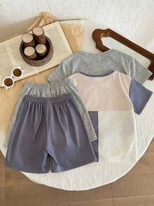 SHEIN 4pcs/Set Young Boy Casual Minimalist Round Neck Short Sleeve Shorts 2pcs Set, Suitable For Summer - Grey - View 3
