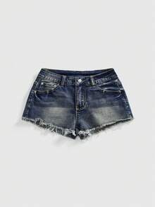 ROMWE Fairycore Women's Retro Vintage Floral Applique Bow Button Decor Super Low Waist Mini Denim Shorts - Blue - View 2