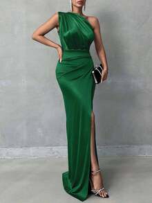 EURMUSE Woman Satin Fabric Elegant Maxi Length Party Dress - Green - View 4