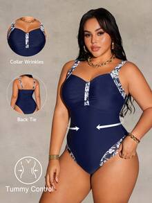 Shapewave 2026 New Summer Beach Vacation Casual Conservative Drawstring Back One-Piece Plus Size Swimsuit - Blue and White - View 8