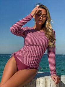 SHEIN Swim Lushore Bộ đồ bơi tankini kẻ sọc dành cho nữ, thích hợp đi biển/nghỉ dưỡng. - Màu Đỏ Sâu - Xem 4