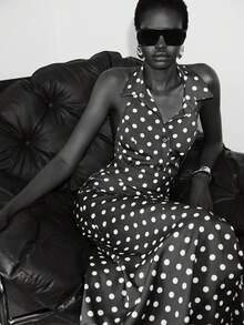 Lumivelle Women's Sleeveless Polka Dot Belted Dress With Mandarin Collar And Open Front - Dark Brown - View 4