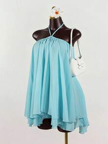 SaltGleam SaltGleam 女士雪纺层叠荷叶边无袖迷你连衣裙 - 藍色 - 查看 3