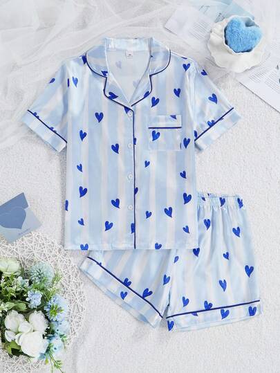 Girls Asymmetrical Heart Print Striped Faux Silk Short Sleeve Top And Shorts 2 Pieces Comfortable Pajama Set