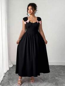 Elenzga Plus Size Black Elegant Summer Maxi Dress,Sweetheart Neck Bowknot Decor Sleeveless A-Line Festa Dress,Formal Long Party Beach Vacation Women Dresses - Black - View 5