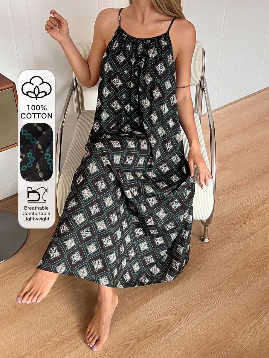 DAZY Vacation Style Pattern All-Over Print Sleeveless Long Women Nightgown - Black - View 1