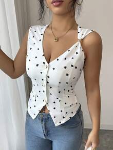 Selianne Women's Heart Print Single-Breasted Decorative Button Tank Top - White - View 5