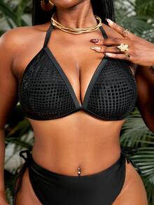 Slaydiva 2026新款性感V领露背亮片比基尼上衣，适合夏季海滩度假 - 黑色 - 查看 4