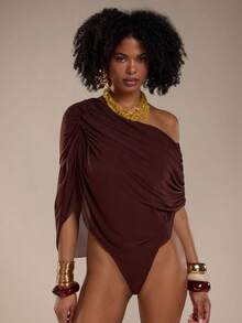 Normani 秋冬季纯色棕色/咖啡色露肩褶皱修身优雅连体衣，紧身优雅连体衣，垂褶上衣 - 棕色 - 查看 5