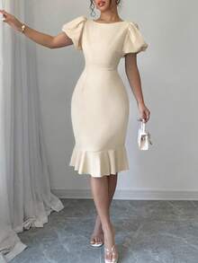Selianne Women's Solid Color Minimalist Daily Wear Petal Sleeve Ruffle Hem Dress - Apricot - View 4