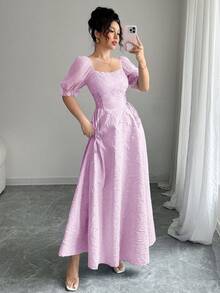 Modelyn Đầm dài tay phồng xuyên thấu, eo thắt, vạt xòe cho nữ - Màu tím - Xem 6