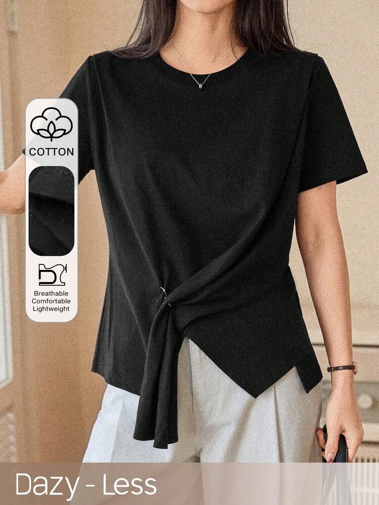 Spring & Summer Loose Casual Chic Patchwork Contrast Color Office Round Neck Design Old Money Lady T-Shirt Business Casual Woman