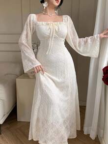 DAZY French Style Square Collar Lace Jacquard Dress, Waist Cinching, Slimming, Long Sleeve, Summer New Arrival, Wedding Guest Dress Women Dress Sundress - Beige - View 2