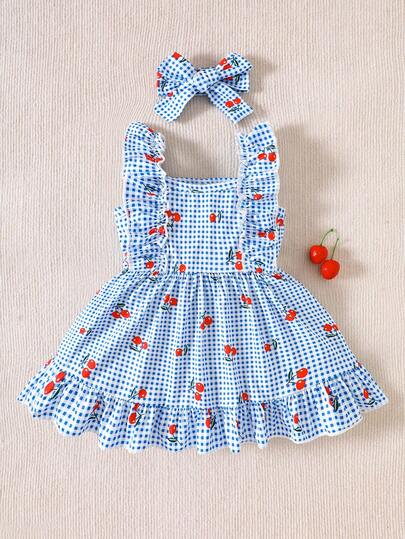 SHEIN 2 st. nyfödd babyflicka rosa tecknad jordgubbsrutig klänning med söt rosett i pannband, 0-3 månader, mjuk stretchig bekväm volangdekor, lämplig för utflykter, semester, fotografering, vår/sommar ny ankomst