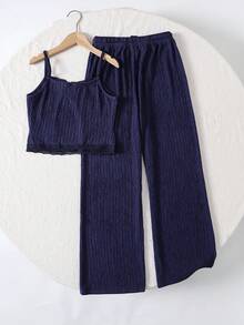 Tween Girls' Textured Camisole With Lace Trim & Straight Leg Pants Set, Knit Textured Outfit, Navy Blue,Kids - Royal Blue - View 2