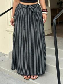Dazy Plus 休闲条纹A字中长牛仔裙，松紧腰设计，春夏款 - 黑色 - 查看 1