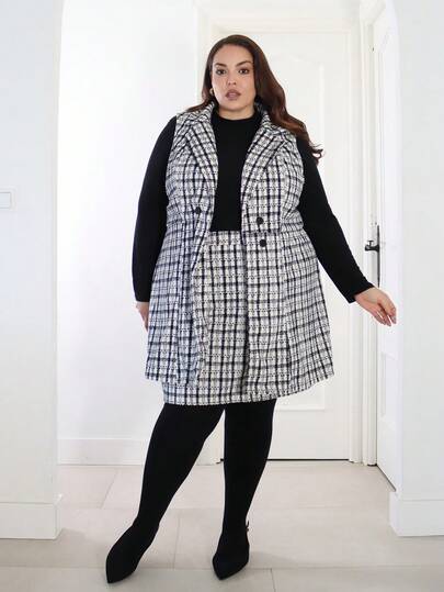 Pretty and Ole Plus Size Women 2pcs Set: Plaid Vest + A-Line Skirt, Elegant For Work & Daily Commute