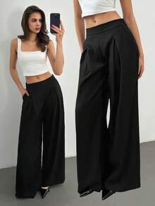 SHEIN Tall 女士纯色直筒褶裥口袋宽松休闲裤黑色阔腿裤宽松裤黑色正装裤，秋季款 - 黑色 - 查看 9