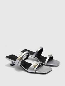 CUCCOO BIZCHIC 春夏新款户外女士黑色方头露趾高跟凉鞋 女士细高跟法式裙摆绑带凉鞋 - 銀色 - 查看 7