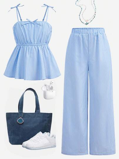 Girlism 2pcs/Set Tween Girls Summer Casual Blue Striped Tie Camisole Top And Loose Striped Wide Leg Pants, Suitable For Casual, Commute, Family Gathering, Back To School And Other Occasions