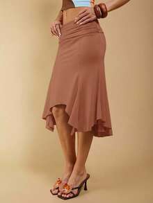 COSMINA Women's Elegant Asymmetrical Ruched Brown Skirt, Suitable For Spring And Summer - Brown - View 5