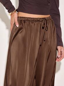 COSMINA 女士纯色弹力腰抽绳休闲宽松裤 - 棕色 - 查看 3