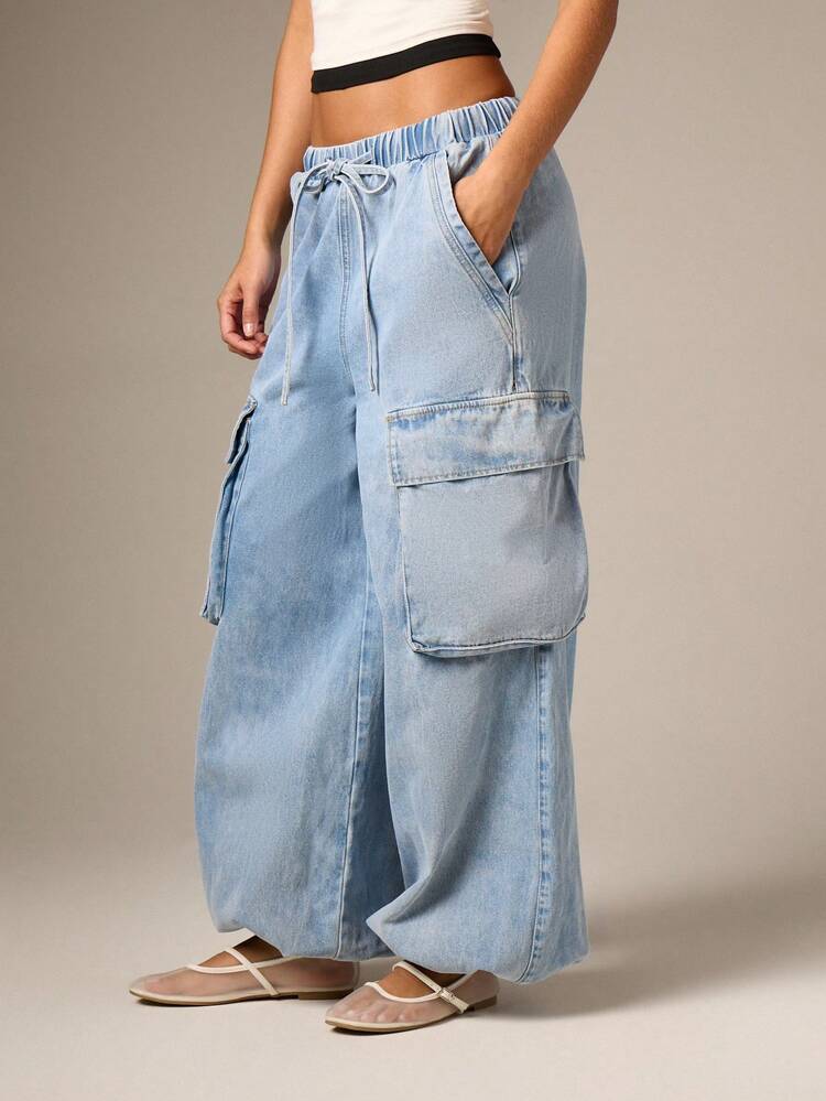 Balloon Wide Leg Cargo Denim With Elastic Cuffs