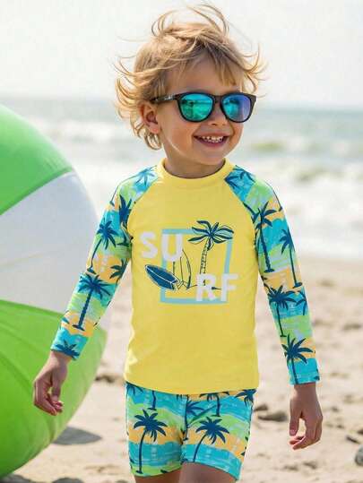 SHEIN 2pcs/Set Young Boy Coconut Tree Pattern Contrast Color Raglan Sleeve Top And Elastic Waist Shorts Swimsuit Set, Stretchy & Soft, Suitable For Summer Swimming & Water Play