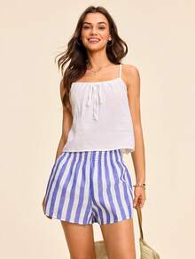 SHEIN VCAY Vacation Woven Striped High Waist Loose Wide Leg Women's Shorts - Blue and White - View 5