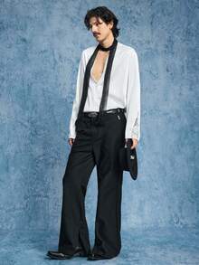 ROMWE MEN Street Life Men's V-Neck Contrast Lace Long Sleeve Fashionable Shirt - White - View 8