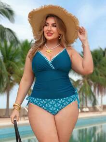 Swim Lushoire Plus Size Women 2-Piece Teal Summer Beach Holiday Holiday Tankini Swimwear,Solid Drawstring Ruched Adjustable Thick Strap High Waist Print Bottoms - Cadet Blue - View 5