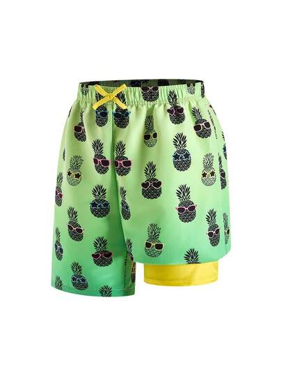 SHEIN Bañadores casuales de vacaciones para adolescentes con estampado degradado de piña y forro de color contrastante, ligeros y adecuados para vacaciones en la playa, piscina y fiestas de primavera/verano