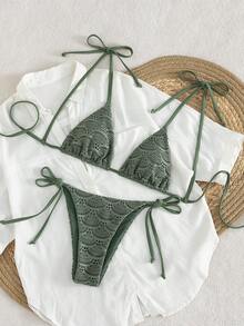 Swim Vcay 女士军绿色网纱镂空打结露背优雅比基尼套装，适合海滩、音乐节、春夏女士比基尼套装，女士两件式泳衣，夏季节日服装，女士派对服装，海滩服装 - 軍綠色 - 查看 3