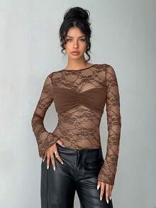 Aloruh Bodysuit Tanpa Punggung Seksi Berenda Hitam Polos Terbaru untuk Wanita Musim Gugur/Dingin - Coklat - View 3