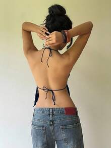 Aloruh Black Rivet Halter Backless Sexy Camisole - Navy Blue - View 2