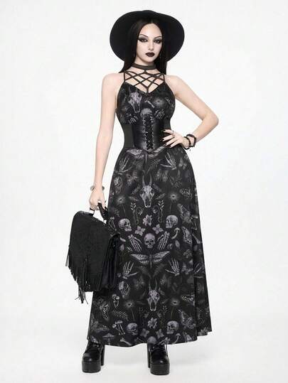 Goth Abito nero senza maniche con stampe gotiche di teschio, falena, farfalla, fungo, pianta, pentagramma