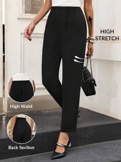 SHEIN Clasi Women's New Elegant High Waist Black Knit Elastic Skinny Pants, Suitable For Daily Wear In Multiple Occasions Work Outfits For Women Office Outfits For Women High Waist Pants Women Black Slacks Women Stretchy Pants Elegant Pants For Women Straight Leg Pants
