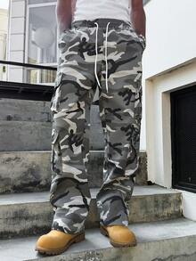 Manfinity Hypemode Men's Street Fashion Drawstring Waist Slant Pocket Camouflage Cargo Pants Camo Cargo Pants Men Army Pants Camo Cargos Men Cargos Pants Men Street Wear Pants - Dark Grey - View 5