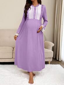 SHEIN Maternity Stand Collar Lace Ruffle Casual Everyday Party Dress - Mauve Purple - View 6