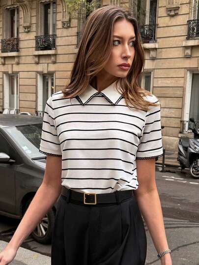 Pariaura Elegant Commuter AB Splice Collar Short Sleeve Half Turndown Collar Striped Multicolor Women's Spring/Summer T-Shirt